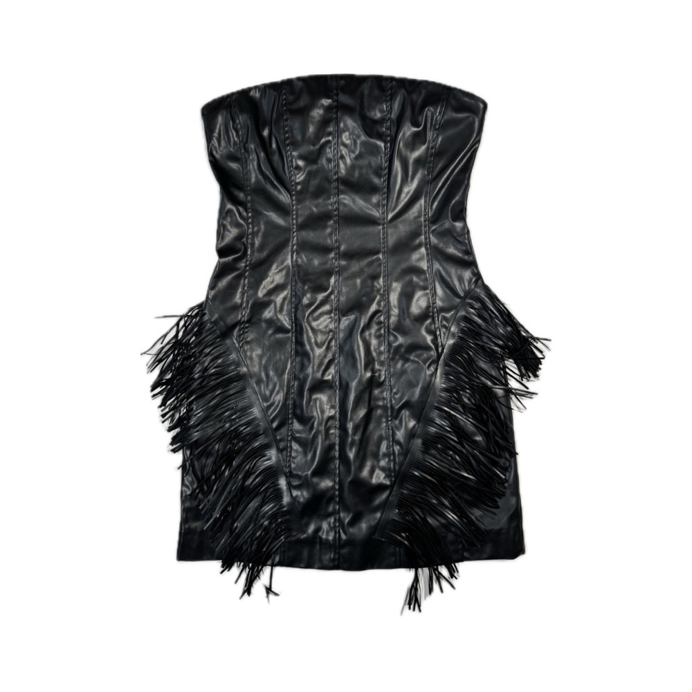 Main Strip Black Strapless Dress with Fringe